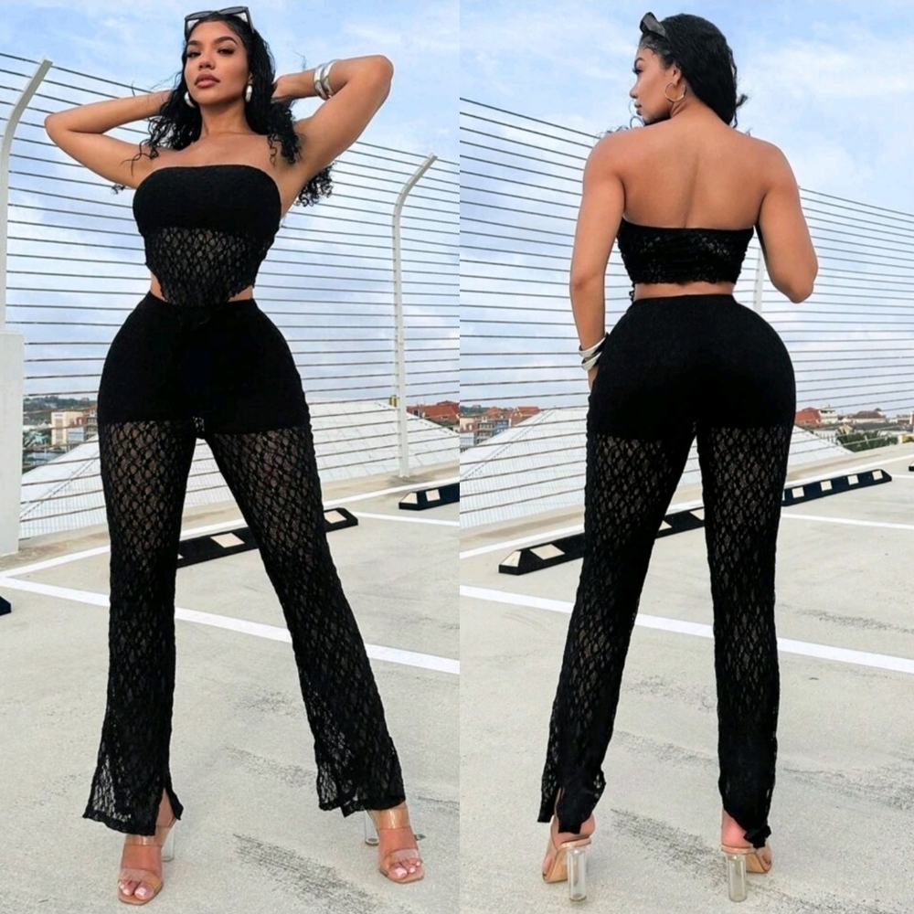 NWT Black Asymmetrical Hem Bandeau Top & Lace Pants Size Medium